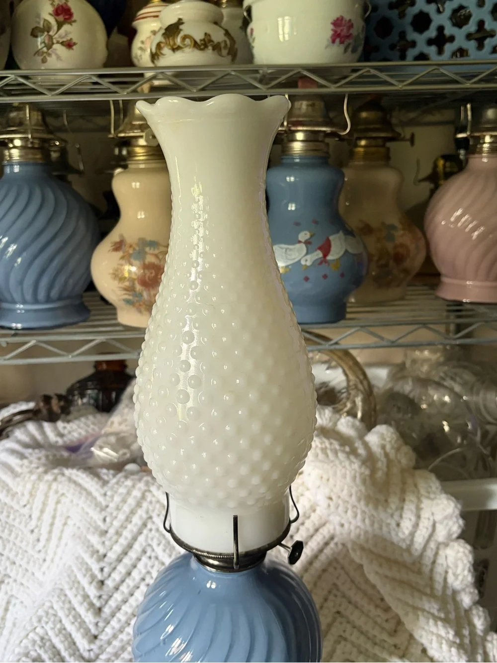Vintage-Style Blue Kadaan Oil Lamp with White Hobnail Shade